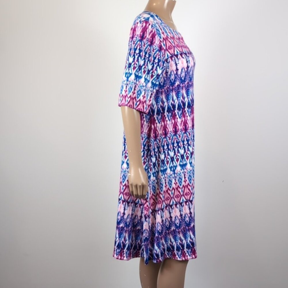 Chicos Ikat Print Dress Short Sleeve Keyhole Neck Casual Summer Jersey Stretch - Picture 8 of 13